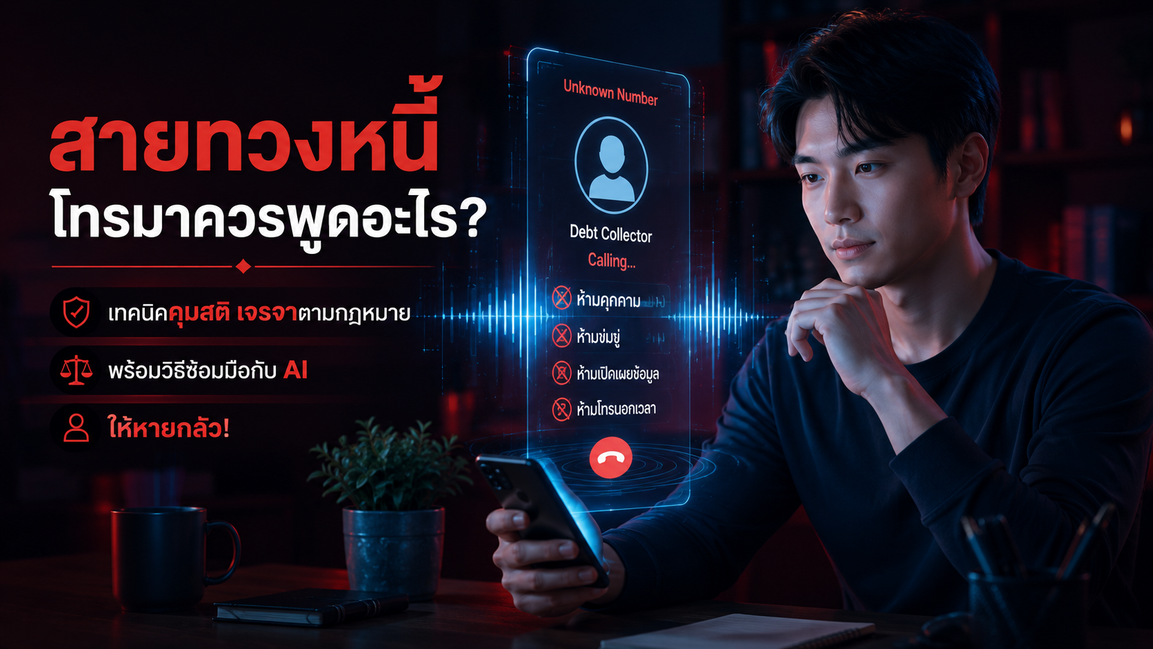 สายทวงหนี้โทรมาควรพูดอะไร? เทคนิคคุมสติเจรจาตามกฎหมาย พร้อมวิธีซ้อมมือกับ AI ให้หายกลัว!